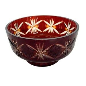 VTG Faberge Ruby Red To Clear Diamond Cut Crystal Starburst Atomic Pedestal Bowl